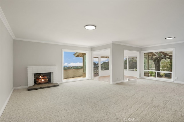 31711 Crystal Sands Dr, Laguna Niguel, CA 92677 - unfurnished living room with crown molding, carpet floors, and a brick fireplace