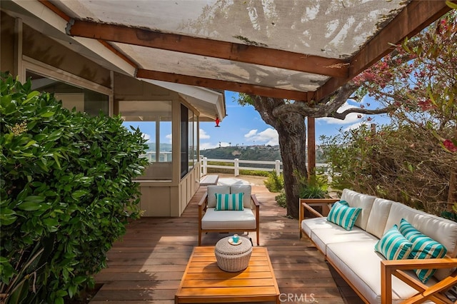 31711 Crystal Sands Dr, Laguna Niguel, CA 92677 - wooden terrace with an outdoor living space and a sunroom