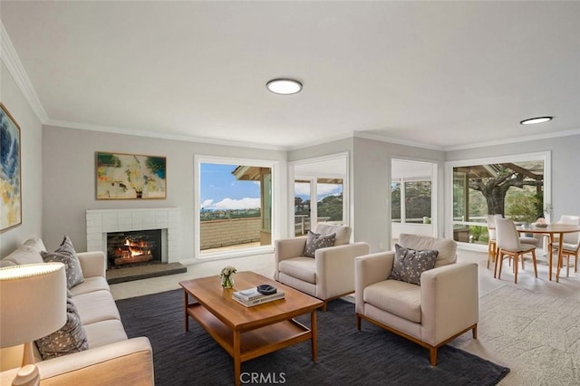 31711 Crystal Sands Dr, Laguna Niguel, CA 92677 - living area with crown molding, a brick fireplace, and healthy amount of natural light