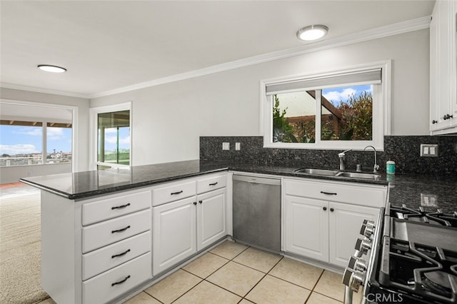 31711 Crystal Sands Dr, Laguna Niguel, CA 92677 - kitchen with appliances with stainless steel finishes, a peninsula, white cabinetry, crown molding, and backsplash