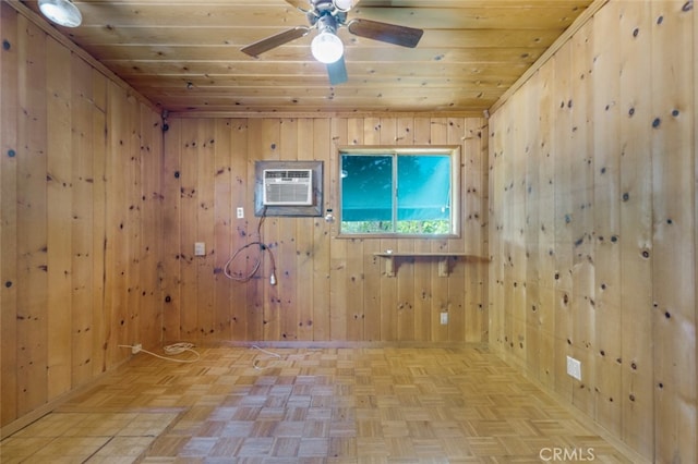 unfurnished room featuring wood ceiling, a ceiling fan, wood walls, and a wall mounted AC