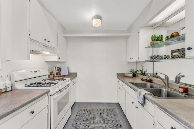 kitchen with open shelves, a sink, white gas range oven, under cabinet range hood, and white cabinetry