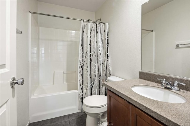 bathroom with vanity, toilet, tile patterned flooring, and shower / tub combo with curtain