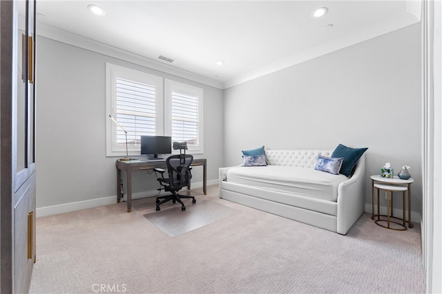 carpeted office space featuring visible vents, recessed lighting, baseboards, and ornamental molding