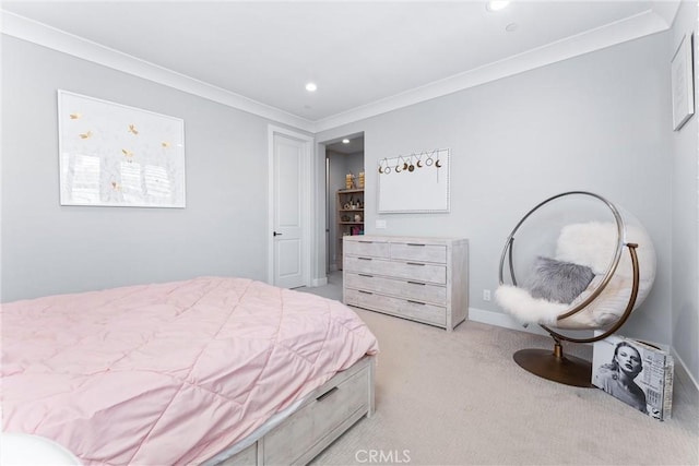 carpeted bedroom with recessed lighting, baseboards, and ornamental molding