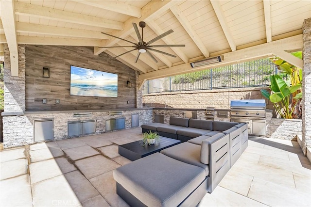 view of patio / terrace with area for grilling, outdoor lounge area, exterior kitchen, and ceiling fan