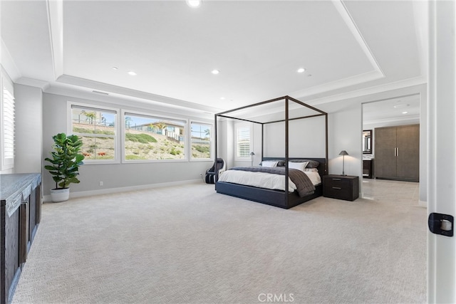 bedroom featuring light colored carpet, crown molding, and a raised ceiling