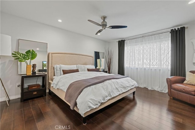 bedroom featuring a ceiling fan, recessed lighting, and wood finished floors