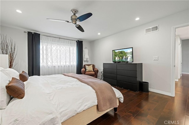 bedroom with visible vents, baseboards, recessed lighting, wood finished floors, and a ceiling fan