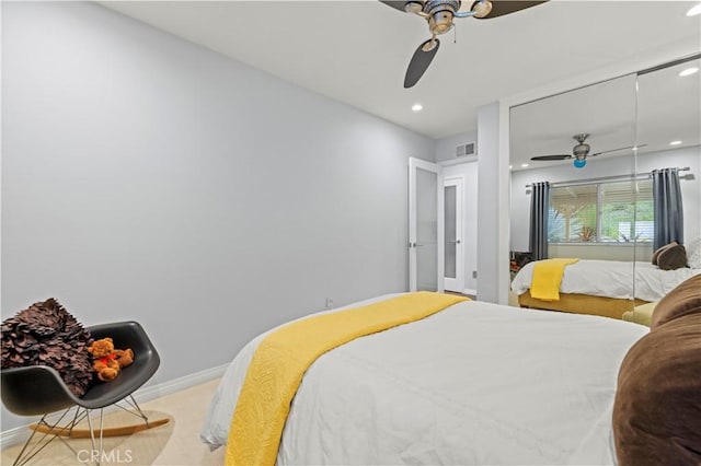 bedroom featuring visible vents, a ceiling fan, recessed lighting, a closet, and baseboards