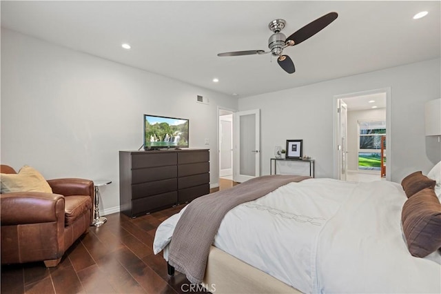 bedroom with visible vents, recessed lighting, ceiling fan, and wood finished floors