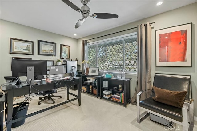 home office with light carpet, recessed lighting, and a ceiling fan