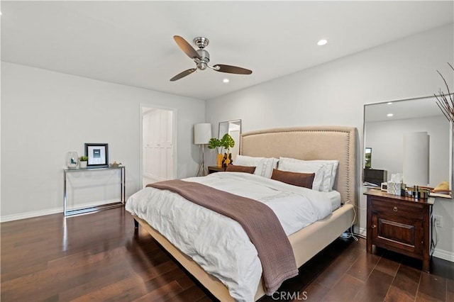 bedroom with recessed lighting, baseboards, wood finished floors, and a ceiling fan