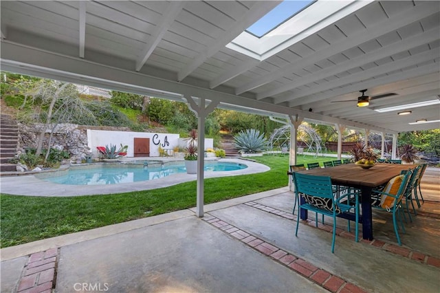 view of patio / terrace featuring ceiling fan, an outdoor pool, and a fenced backyard