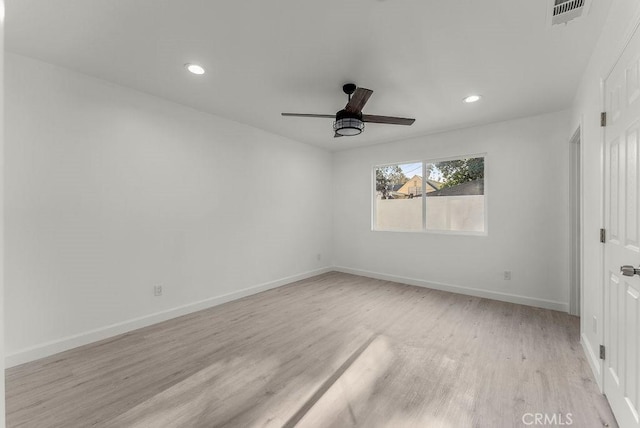 unfurnished bedroom featuring recessed lighting, baseboards, visible vents, and light wood-type flooring