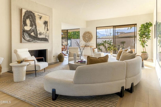 living room featuring a fireplace with raised hearth, baseboards, and wood finished floors