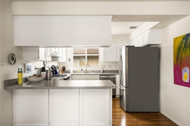 kitchen featuring visible vents, a sink, under cabinet range hood, appliances with stainless steel finishes, and a peninsula