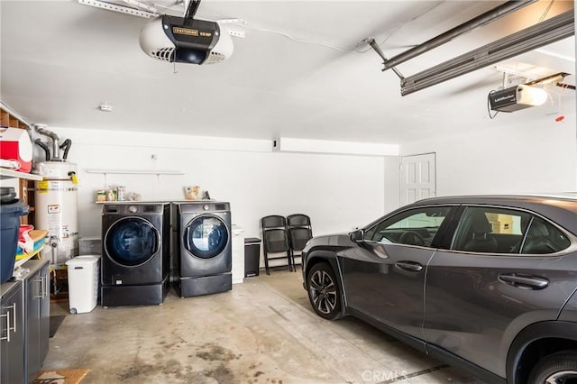 garage featuring a garage door opener, separate washer and dryer, and water heater