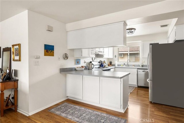 kitchen with wood finished floors, a peninsula, a sink, stainless steel appliances, and under cabinet range hood