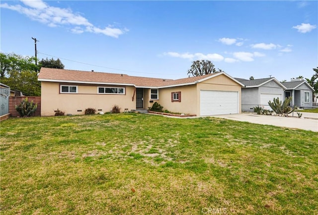 single story home featuring fence, concrete driveway, a front yard, a garage, and crawl space