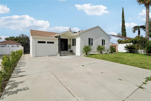 ranch-style home featuring stucco siding, fence, concrete driveway, a front yard, and an attached garage