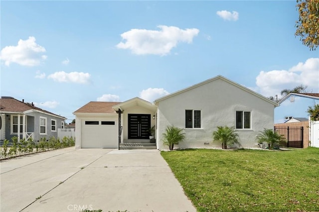 single story home featuring a front yard, an attached garage, stucco siding, concrete driveway, and crawl space