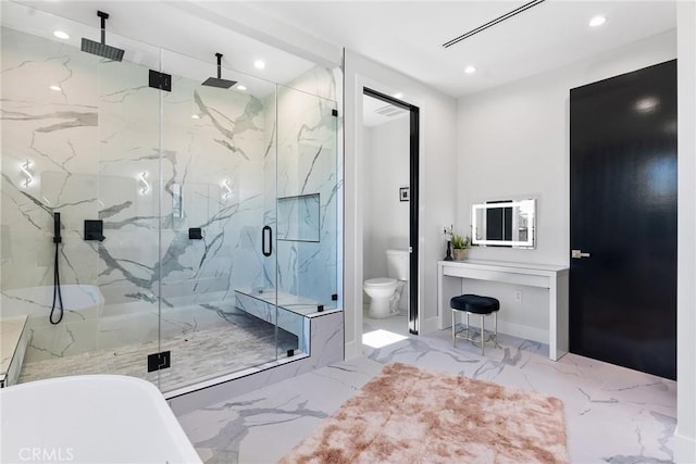 full bathroom with toilet, recessed lighting, marble finish floor, and a marble finish shower