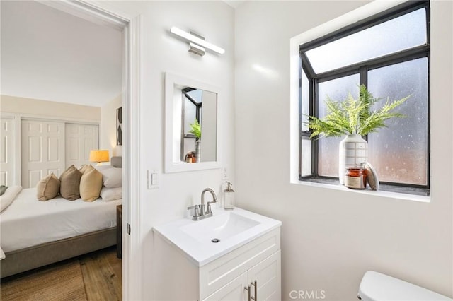 half bathroom featuring toilet, vanity, and wood finished floors