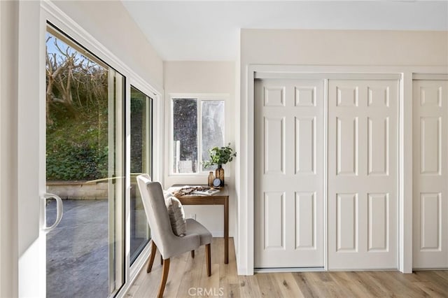 home office with light wood finished floors