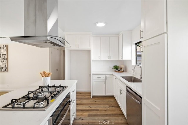 kitchen featuring a sink, extractor fan, white cabinets, light countertops, and appliances with stainless steel finishes