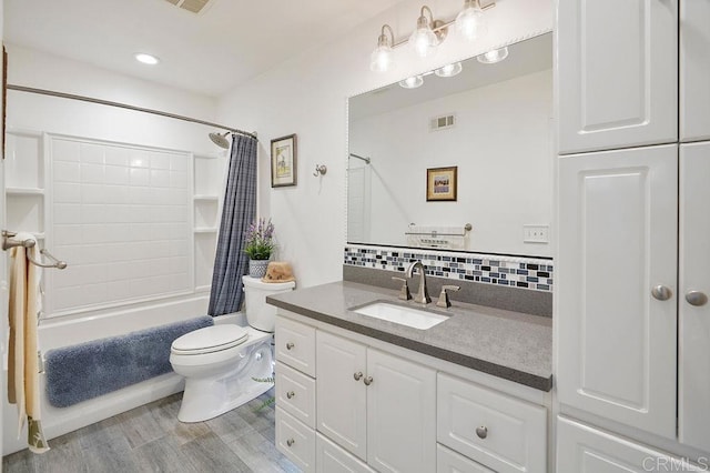 358 Mainsail Rd, Oceanside, CA 92054 - bathroom featuring shower / bath combo with shower curtain, vanity, decorative backsplash, and wood finished floors
