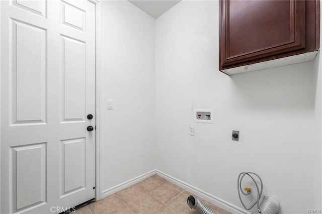 laundry area featuring baseboards, cabinet space, hookup for an electric dryer, and washer hookup