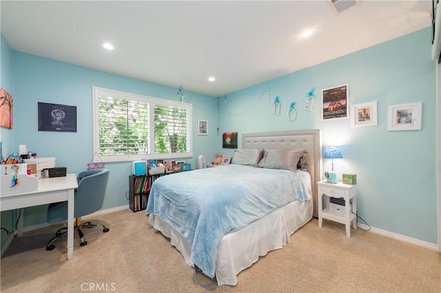 carpeted bedroom with recessed lighting and baseboards