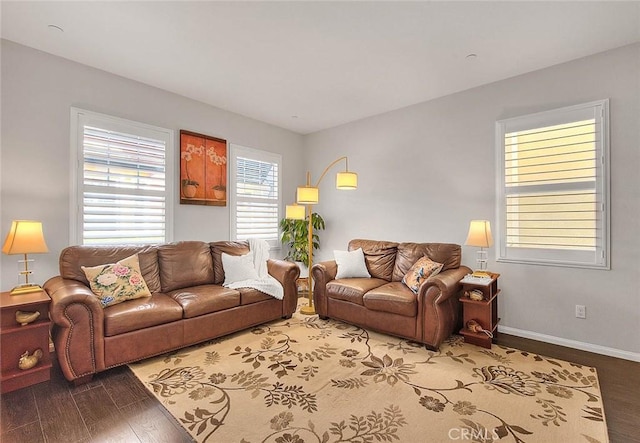 living area featuring baseboards and wood finished floors