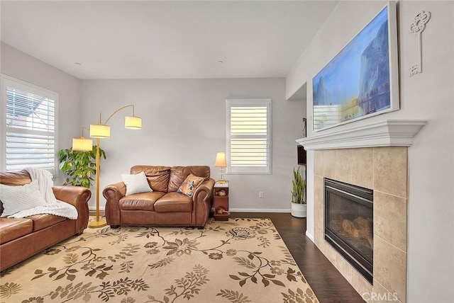 living area with plenty of natural light, a fireplace, baseboards, and wood finished floors