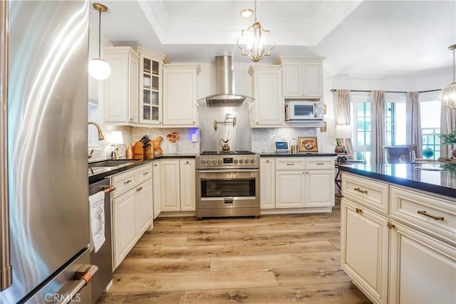 kitchen with a tray ceiling, wall chimney exhaust hood, dark countertops, and stainless steel appliances