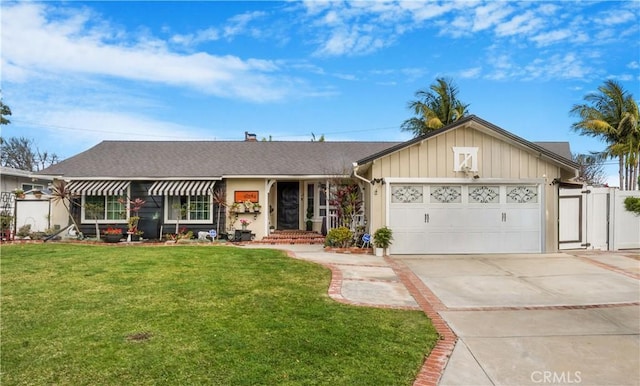 single story home with a front yard, an attached garage, driveway, and a shingled roof