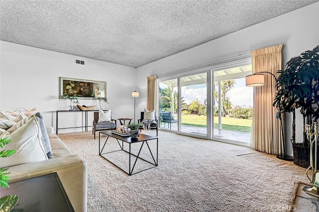 carpeted living area with visible vents and a textured ceiling