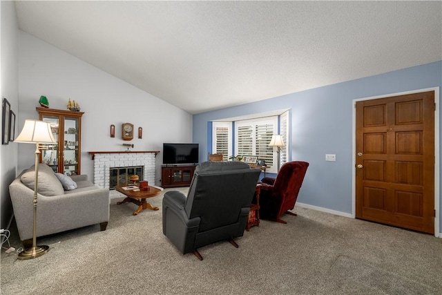 living room featuring baseboards, lofted ceiling, carpet, and a brick fireplace