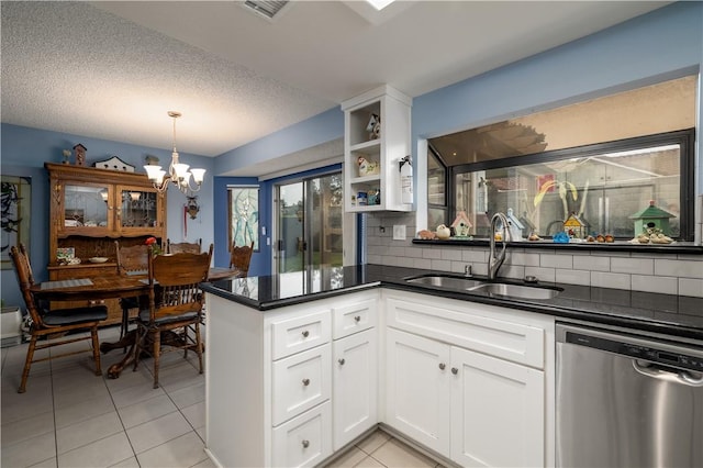 kitchen featuring visible vents, a sink, dark countertops, decorative backsplash, and dishwasher