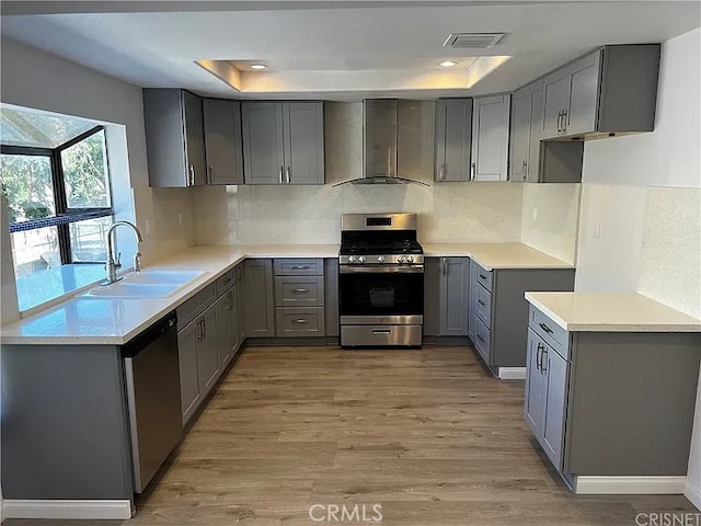 kitchen featuring a sink, stainless steel appliances, a raised ceiling, and wall chimney exhaust hood