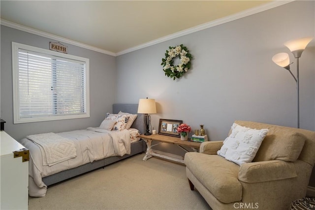 carpeted bedroom with crown molding