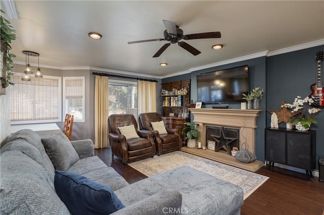 living room with a fireplace with raised hearth, ornamental molding, wood finished floors, and ceiling fan