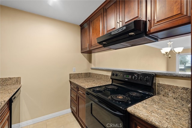 kitchen featuring black range with electric stovetop, under cabinet range hood, a chandelier, dishwasher, and light stone counters