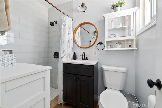 bathroom with toilet, walk in shower, and vanity