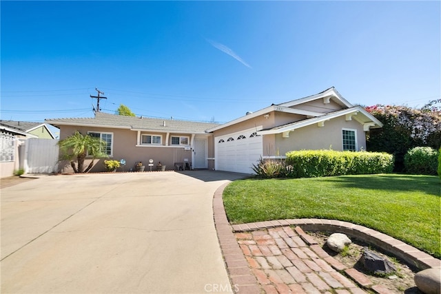 ranch-style house with fence, concrete driveway, a front yard, stucco siding, and an attached garage