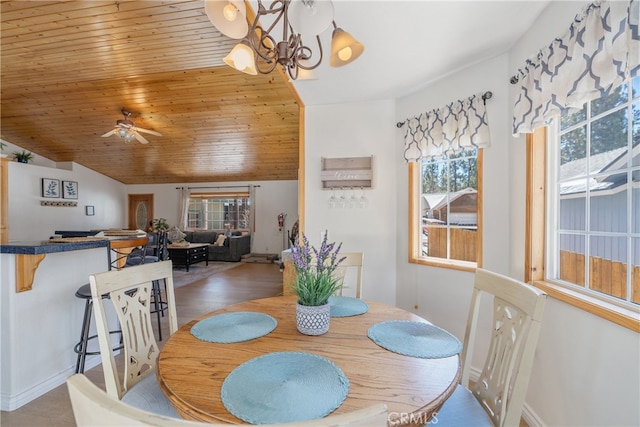 dining area with wooden ceiling, wood finished floors, ceiling fan with notable chandelier, and lofted ceiling