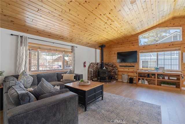 living room featuring a healthy amount of sunlight, vaulted ceiling, a wood stove, and hardwood / wood-style flooring