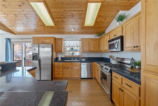 kitchen featuring a sink, appliances with stainless steel finishes, wooden ceiling, light wood finished floors, and lofted ceiling