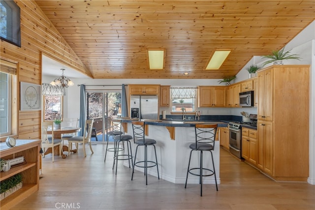 kitchen featuring a kitchen bar, dark countertops, appliances with stainless steel finishes, and wooden ceiling